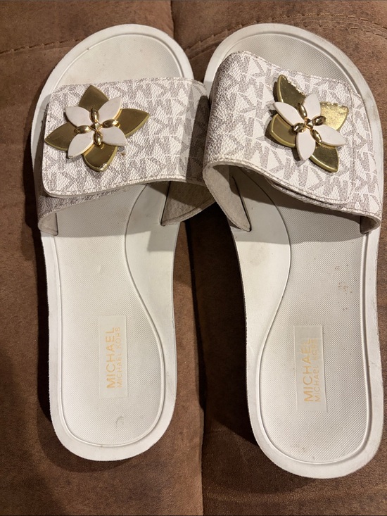 Michael Kors Shoes - Michael Kors Ivory Logo Slide Sandals with Gold Floral Accent